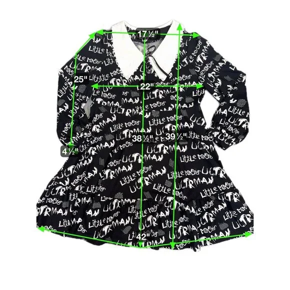 Mellowrani Little Monster Long Sleeve Dress Black & White Cotton Blend Letters - Picture 2 of 12